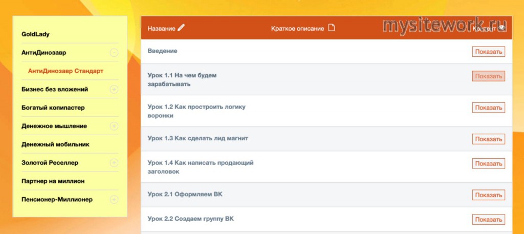 АнтиДинозавр: ВИП система автоматического дохода от 2000 руб в день — Ольга Аринина - содержание курса. Изображение 1.